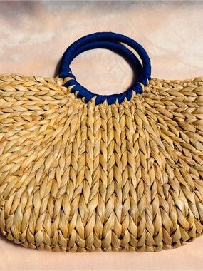 Woven Straw Beach Tote with Navy Wrapped Handles